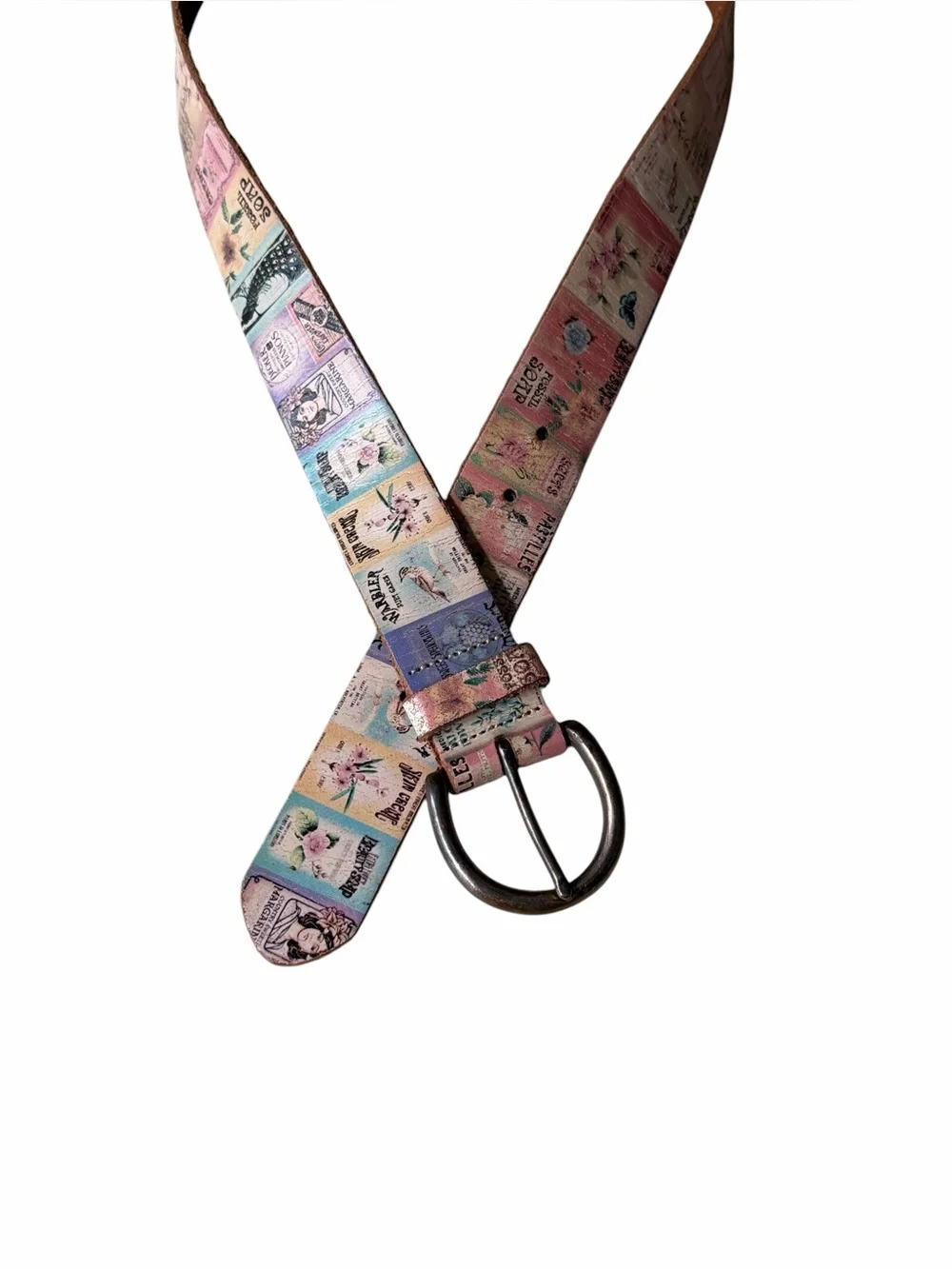 Fossil Ladies Leather Casual Belt with Retro Floral Advert Motif, Medium 35”-37” - Picture 4 of 11